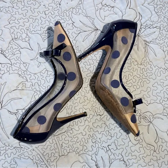 KATE SPADE Lisa Patent Leather Mesh/Velour Polka Dot Pointed Toe Pumps Sz 7B🧡