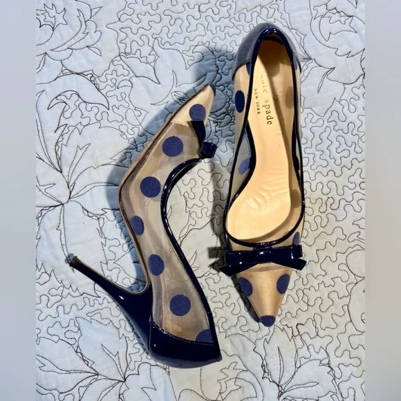 KATE SPADE Lisa Patent Leather Mesh/Velour Polka Dot Pointed Toe Pumps Sz 7B🧡