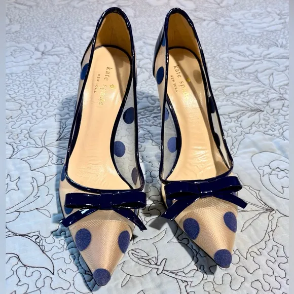 KATE SPADE Lisa Patent Leather Mesh/Velour Polka Dot Pointed Toe Pumps Sz 7B🧡