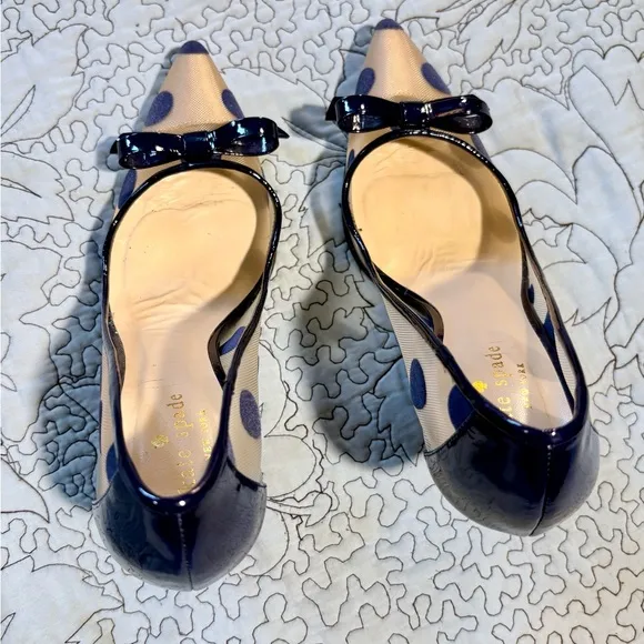 KATE SPADE Lisa Patent Leather Mesh/Velour Polka Dot Pointed Toe Pumps Sz 7B🧡