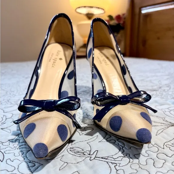 KATE SPADE Lisa Patent Leather Mesh/Velour Polka Dot Pointed Toe Pumps Sz 7B🧡
