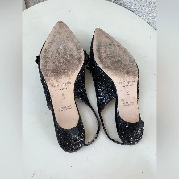 Kate Spade NY Olima sling back shoes kitten heel black glitter Sz 6M