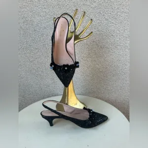 Kate Spade NY Olima sling back shoes kitten heel black glitter Sz 6M
