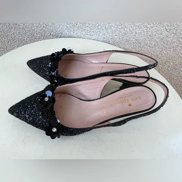 Kate Spade NY Olima sling back shoes kitten heel black glitter Sz 6M