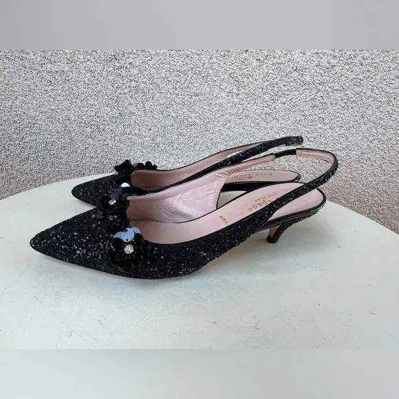 Kate Spade NY Olima sling back shoes kitten heel black glitter Sz 6M