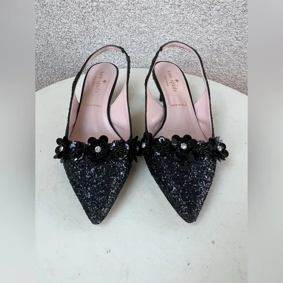 Kate Spade NY Olima sling back shoes kitten heel black glitter Sz 6M