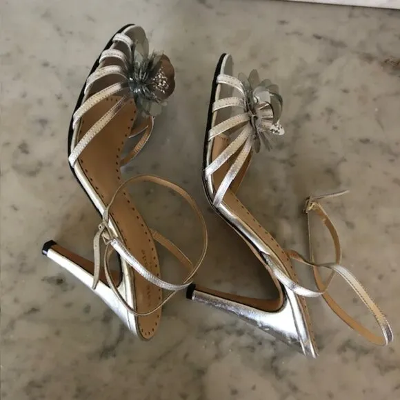 KATE SPADE Silver Flower Toe Cross Ankle Sandal/Heels 7B