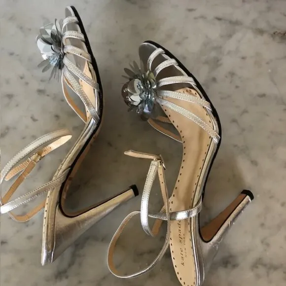 KATE SPADE Silver Flower Toe Cross Ankle Sandal/Heels 7B
