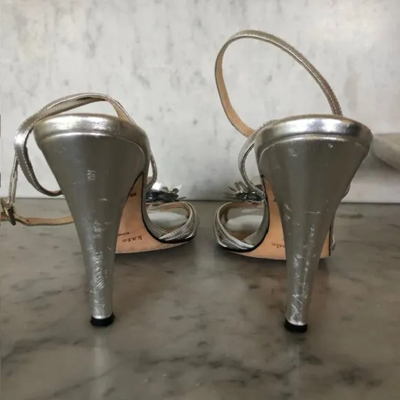 KATE SPADE Silver Flower Toe Cross Ankle Sandal/Heels 7B