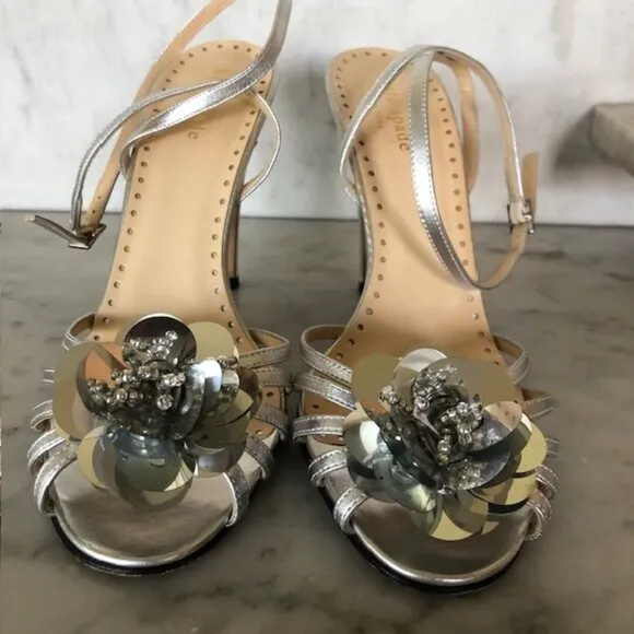 KATE SPADE Silver Flower Toe Cross Ankle Sandal/Heels 7B