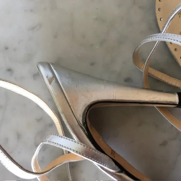 KATE SPADE Silver Flower Toe Cross Ankle Sandal/Heels 7B