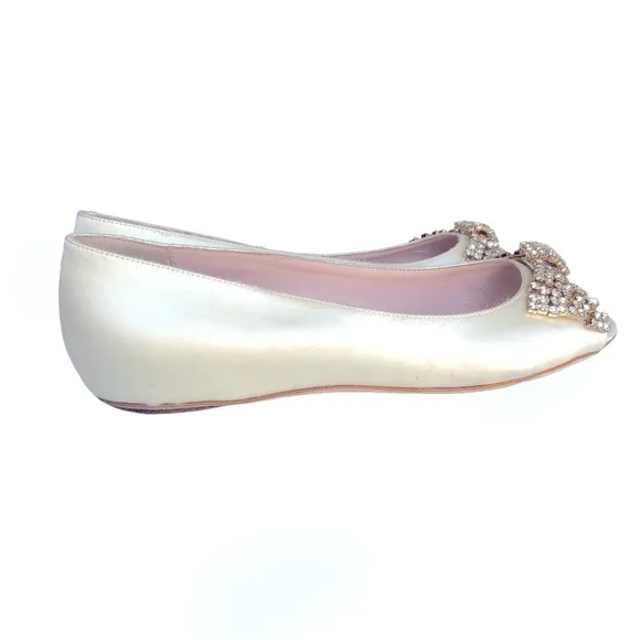Kate Spade Vanna Rhinestones Bow Detail White Satin Open Toe Flats Bridal Shoes