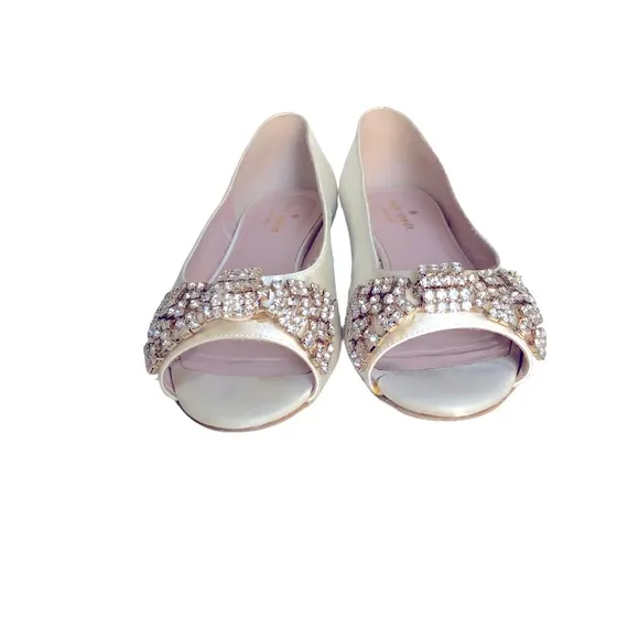 Kate Spade Vanna Rhinestones Bow Detail White Satin Open Toe Flats Bridal Shoes