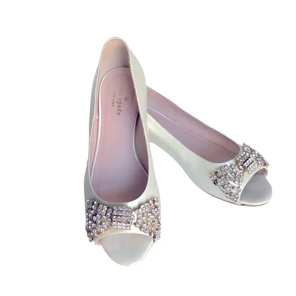 Kate Spade Vanna Rhinestones Bow Detail White Satin Open Toe Flats Bridal Shoes