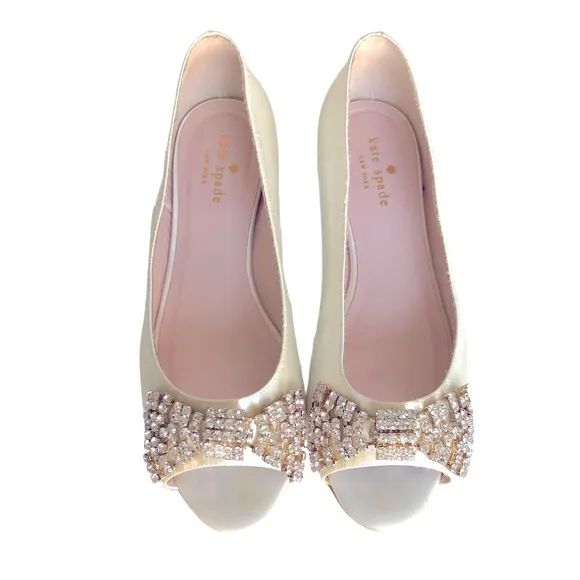 Kate Spade Vanna Rhinestones Bow Detail White Satin Open Toe Flats Bridal Shoes