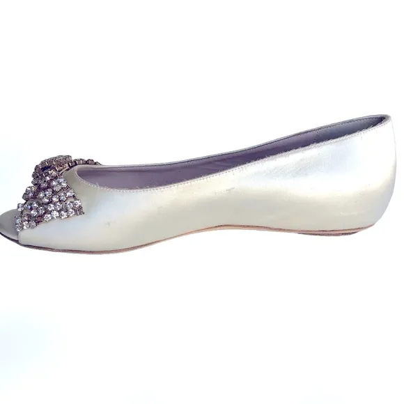 Kate Spade Vanna Rhinestones Bow Detail White Satin Open Toe Flats Bridal Shoes