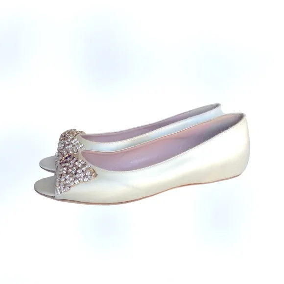 Kate Spade Vanna Rhinestones Bow Detail White Satin Open Toe Flats Bridal Shoes