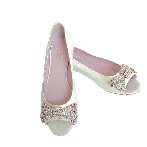 Kate Spade Vanna Rhinestones Bow Detail White Satin Open Toe Flats Bridal Shoes