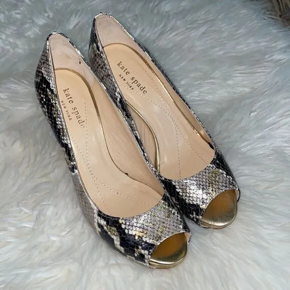 Kate Spade Leather Metallic Snakeskin Peep Toe Pumps