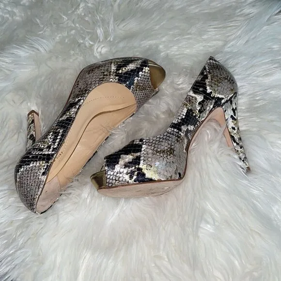 Kate Spade Leather Metallic Snakeskin Peep Toe Pumps
