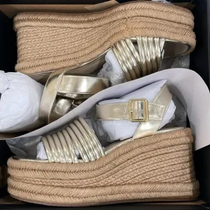 Kenneth Cole gold bracelet open toe ankle espadrille platform wedge gold buckle