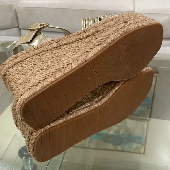 Kenneth Cole gold bracelet open toe ankle espadrille platform wedge gold buckle