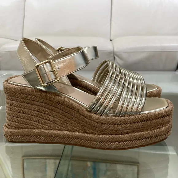 Kenneth Cole gold bracelet open toe ankle espadrille platform wedge gold buckle