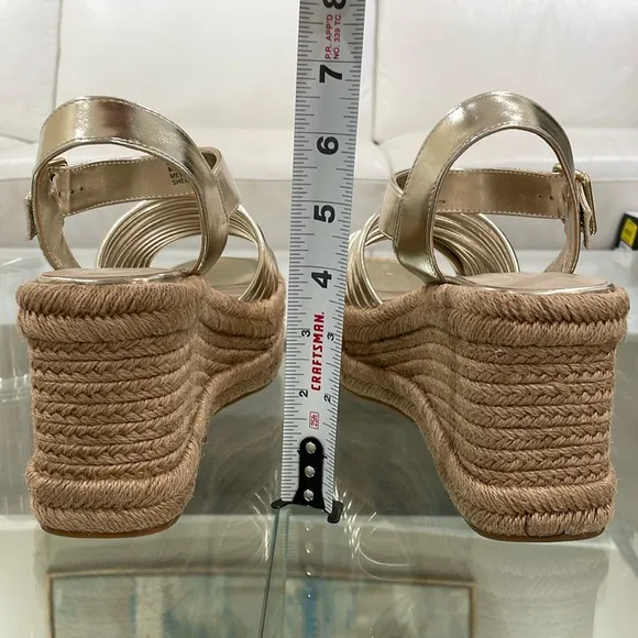 Kenneth Cole gold bracelet open toe ankle espadrille platform wedge gold buckle