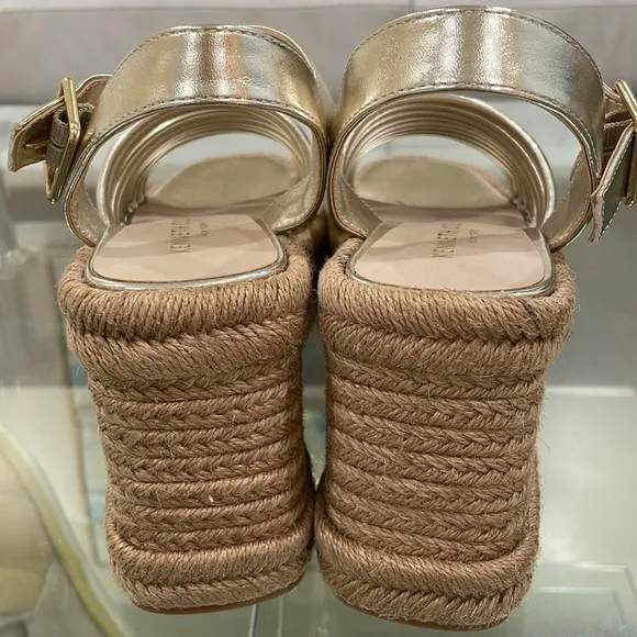Kenneth Cole gold bracelet open toe ankle espadrille platform wedge gold buckle