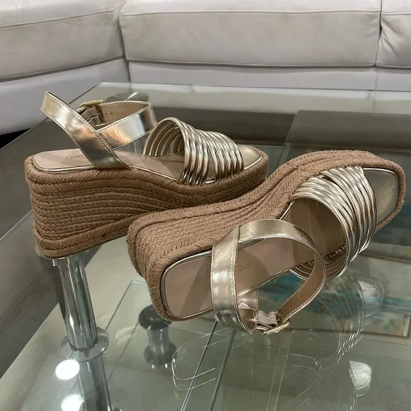 Kenneth Cole gold bracelet open toe ankle espadrille platform wedge gold buckle