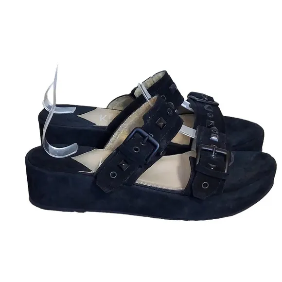 Klik Kalli Black‎ Suede Strappy Studded Buckle Closure Platform Wedge Sandals