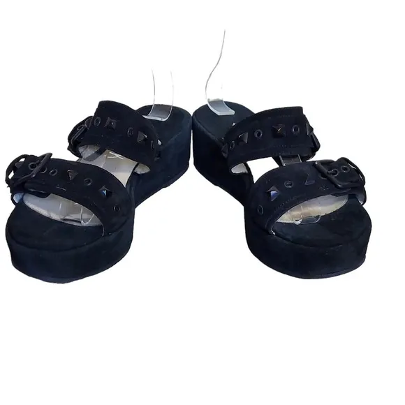 Klik Kalli Black‎ Suede Strappy Studded Buckle Closure Platform Wedge Sandals