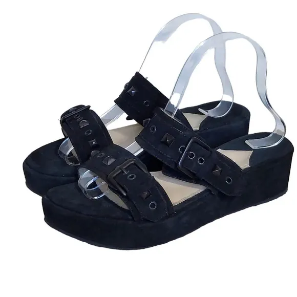 Klik Kalli Black‎ Suede Strappy Studded Buckle Closure Platform Wedge Sandals