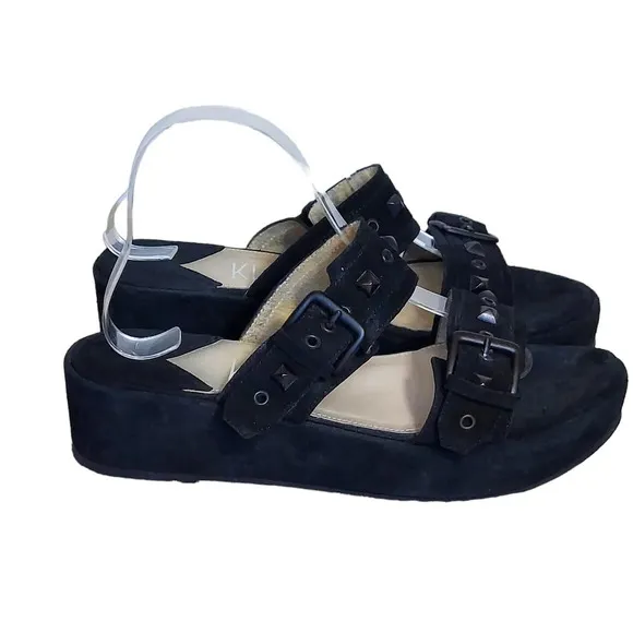 Klik Kalli Black‎ Suede Strappy Studded Buckle Closure Platform Wedge Sandals