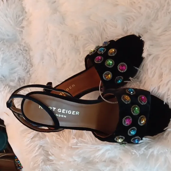KURT GEIGER LONDON Optavia Rainbow Color Crystal High Heel Sandals Black Velvet