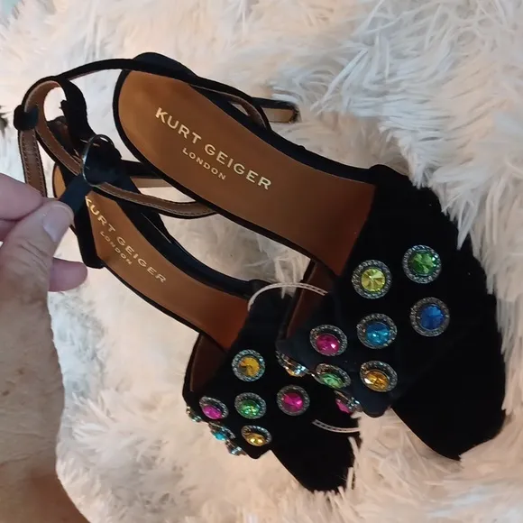 KURT GEIGER LONDON Optavia Rainbow Color Crystal High Heel Sandals Black Velvet