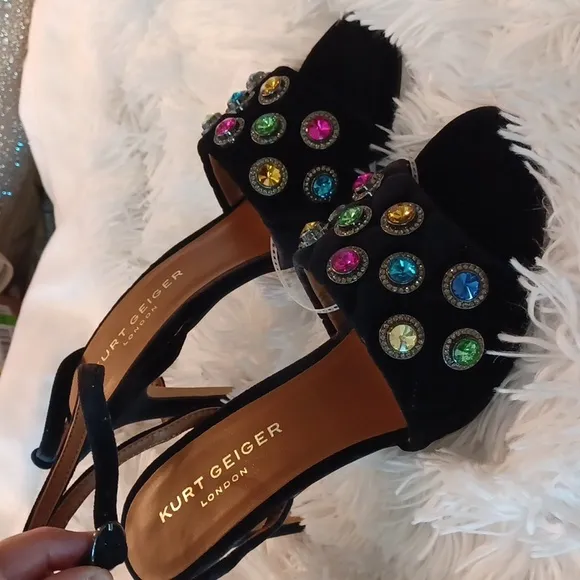 KURT GEIGER LONDON Optavia Rainbow Color Crystal High Heel Sandals Black Velvet