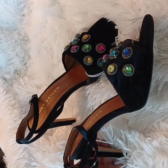 KURT GEIGER LONDON Optavia Rainbow Color Crystal High Heel Sandals Black Velvet