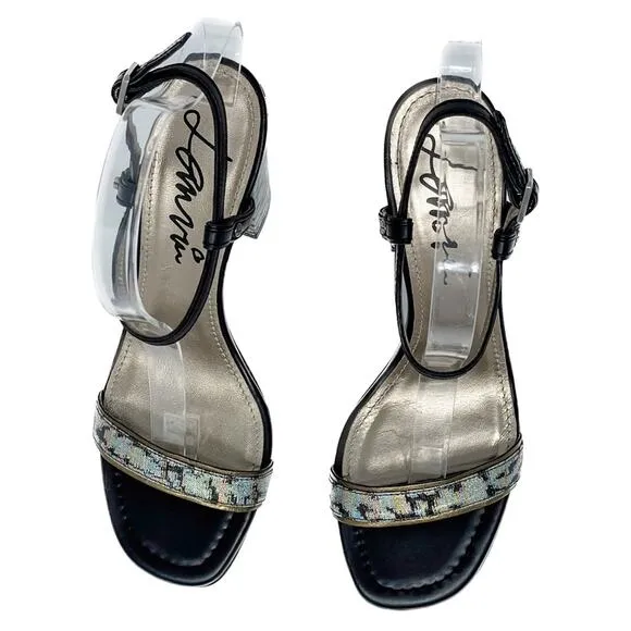 Lanvin Rainbow holographic block heel metallic ankle wrap sandals size 38.5
