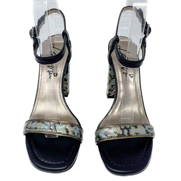 Lanvin Rainbow holographic block heel metallic ankle wrap sandals size 38.5