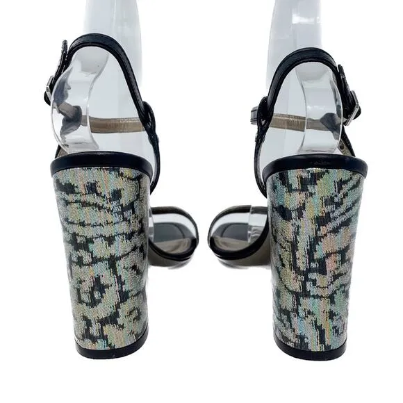 Lanvin Rainbow holographic block heel metallic ankle wrap sandals size 38.5