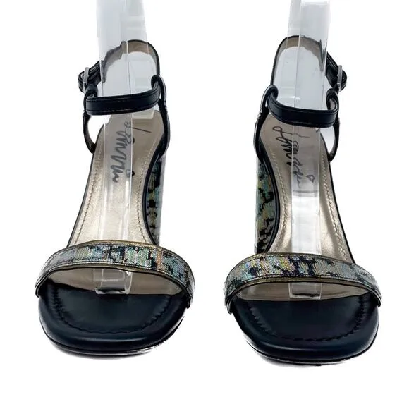 Lanvin Rainbow holographic block heel metallic ankle wrap sandals size 38.5