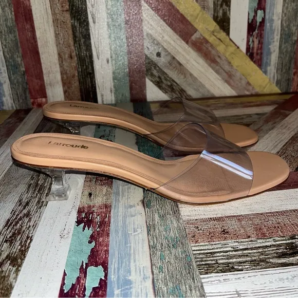 Larroude Vivi Lucite Mule In Tan Leather and Vinyl Sandals Shoes Stripper EUC 11