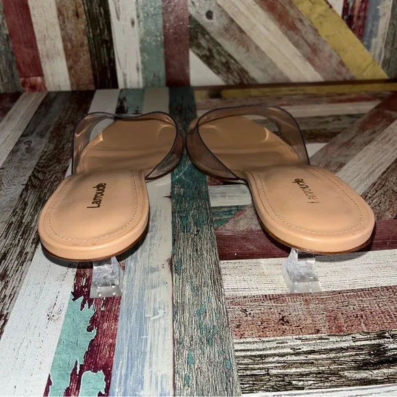 Larroude Vivi Lucite Mule In Tan Leather and Vinyl Sandals Shoes Stripper EUC 11