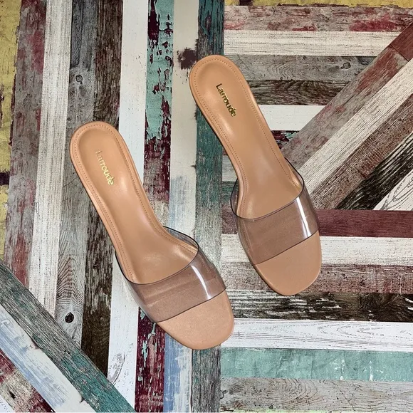Larroude Vivi Lucite Mule In Tan Leather and Vinyl Sandals Shoes Stripper EUC 11