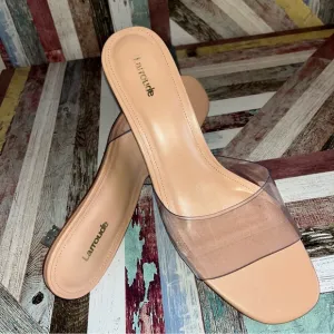 Larroude Vivi Lucite Mule In Tan Leather and Vinyl Sandals Shoes Stripper EUC 11