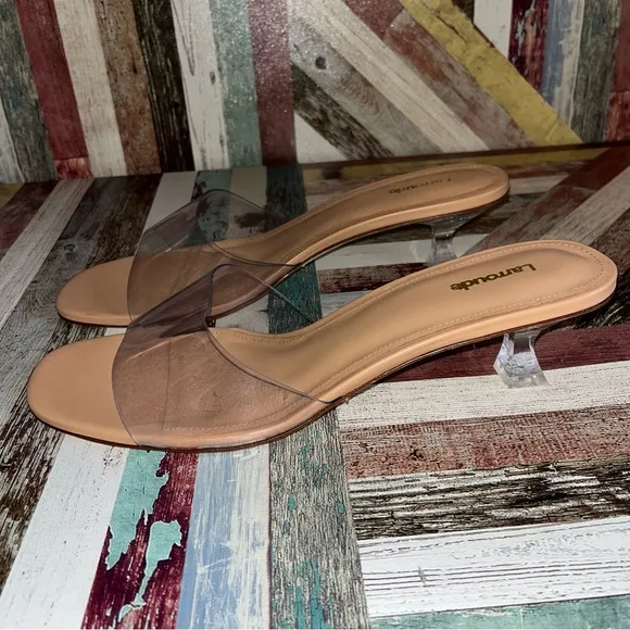 Larroude Vivi Lucite Mule In Tan Leather and Vinyl Sandals Shoes Stripper EUC 11