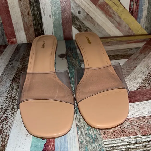 Larroude Vivi Lucite Mule In Tan Leather and Vinyl Sandals Shoes Stripper EUC 11