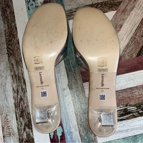Larroude Vivi Lucite Mule In Tan Leather and Vinyl Sandals Shoes Stripper EUC 11