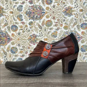 L,artiste Spring Step Joella Leather Black/Brown Ankle Boots Heels Textured 8